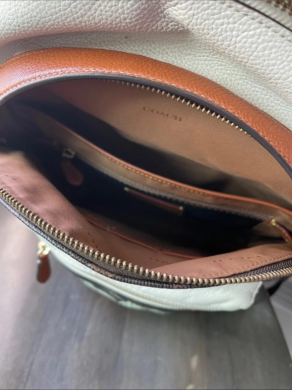 Coach Brown Monogram Backpack with Cream Front Pocket and Tan Trim